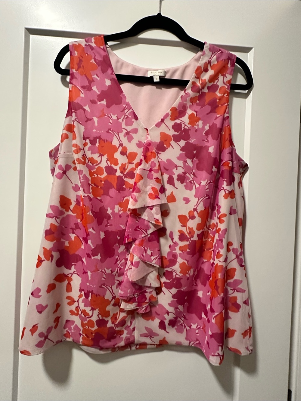 Tahari Pink Floral Ruffle V-Neck Sleeveless Top